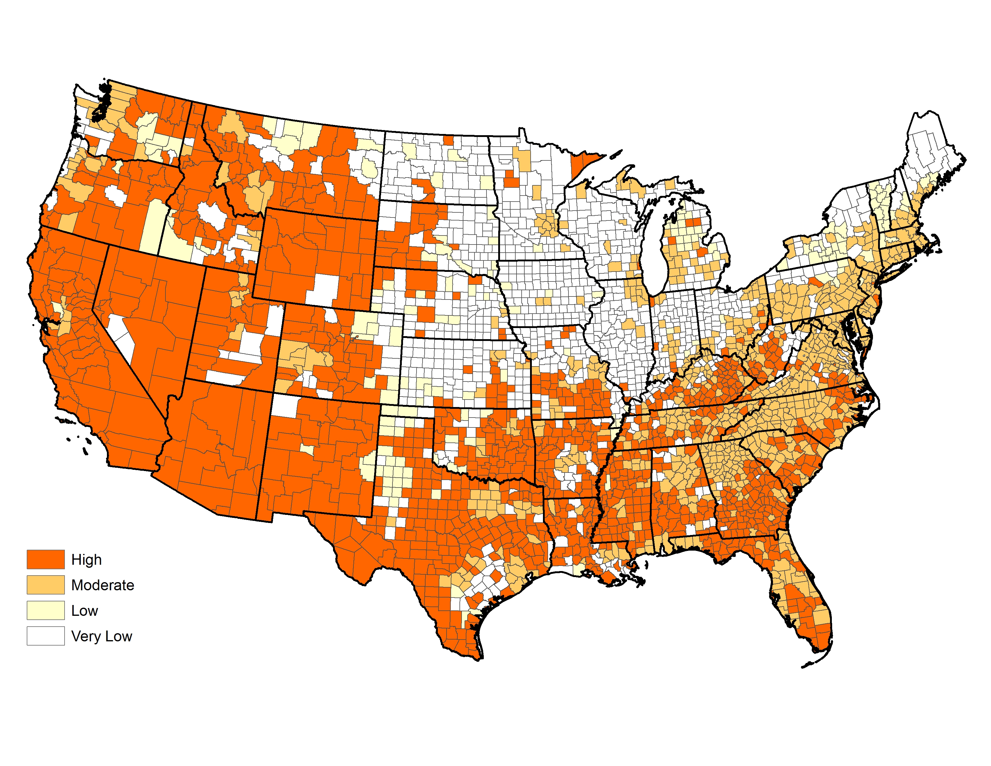 Figure 4.4. National priorities for community planning and coordination as suggested by county attributes.