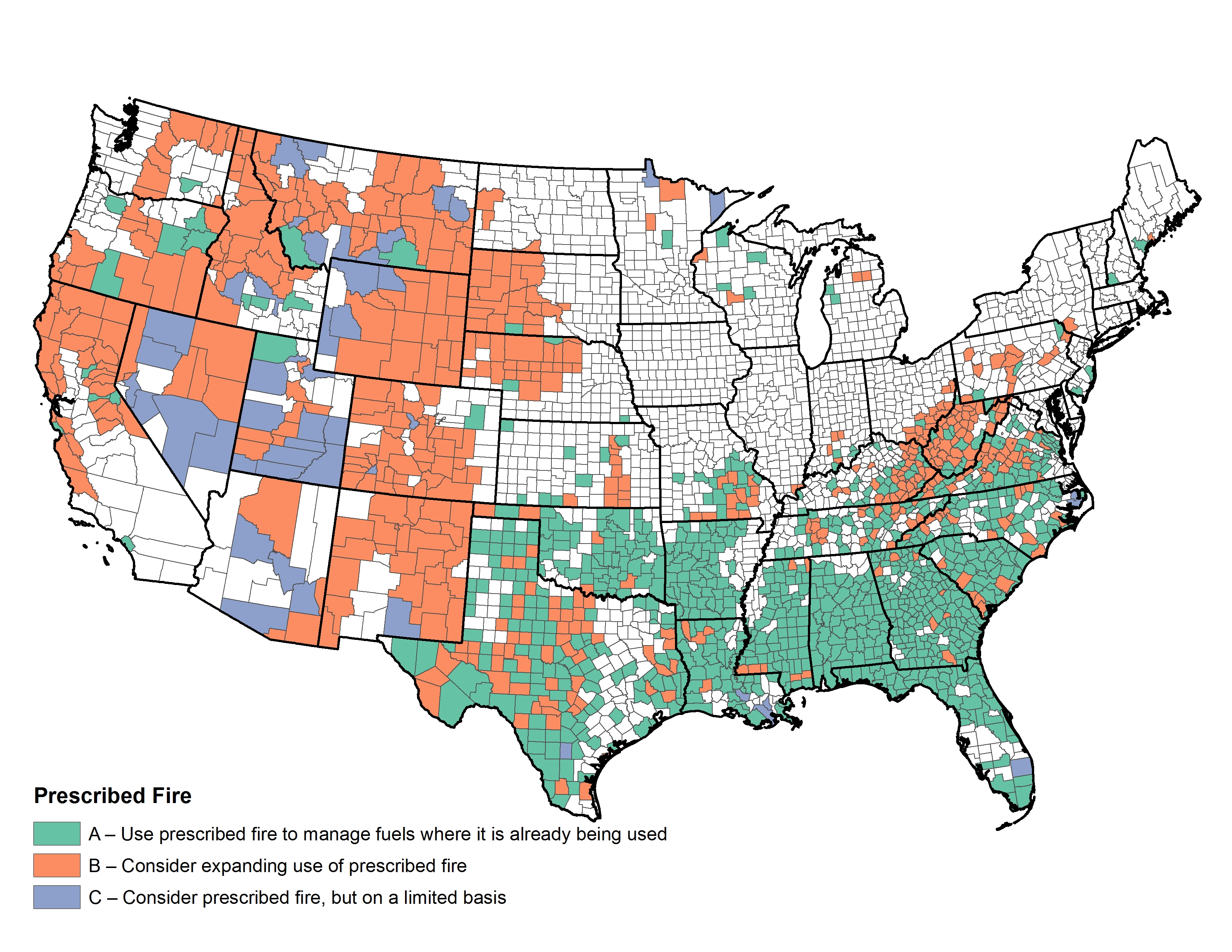Figure 3.3. Spatial distribution of the three management options suggested for maintaining or increasing the use of prescribed fire. Figure 3.3. Spatial distribution of the three management options suggested for maintaining or increasing the use of prescribed fire.