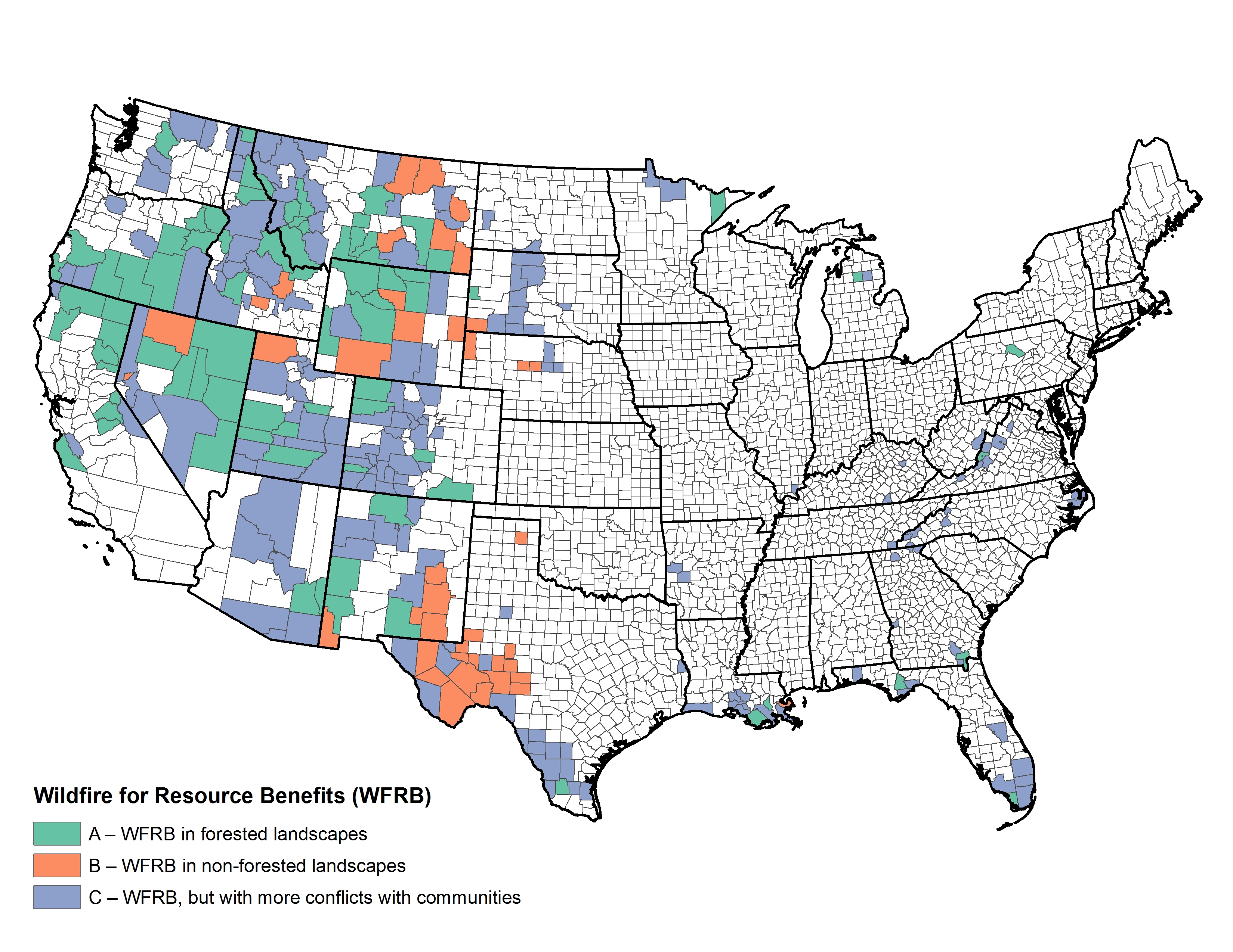 Figure 3.4. Spatial pattern of counties where options for managing wildfires for resource objectives and ecological purposes might prove useful.