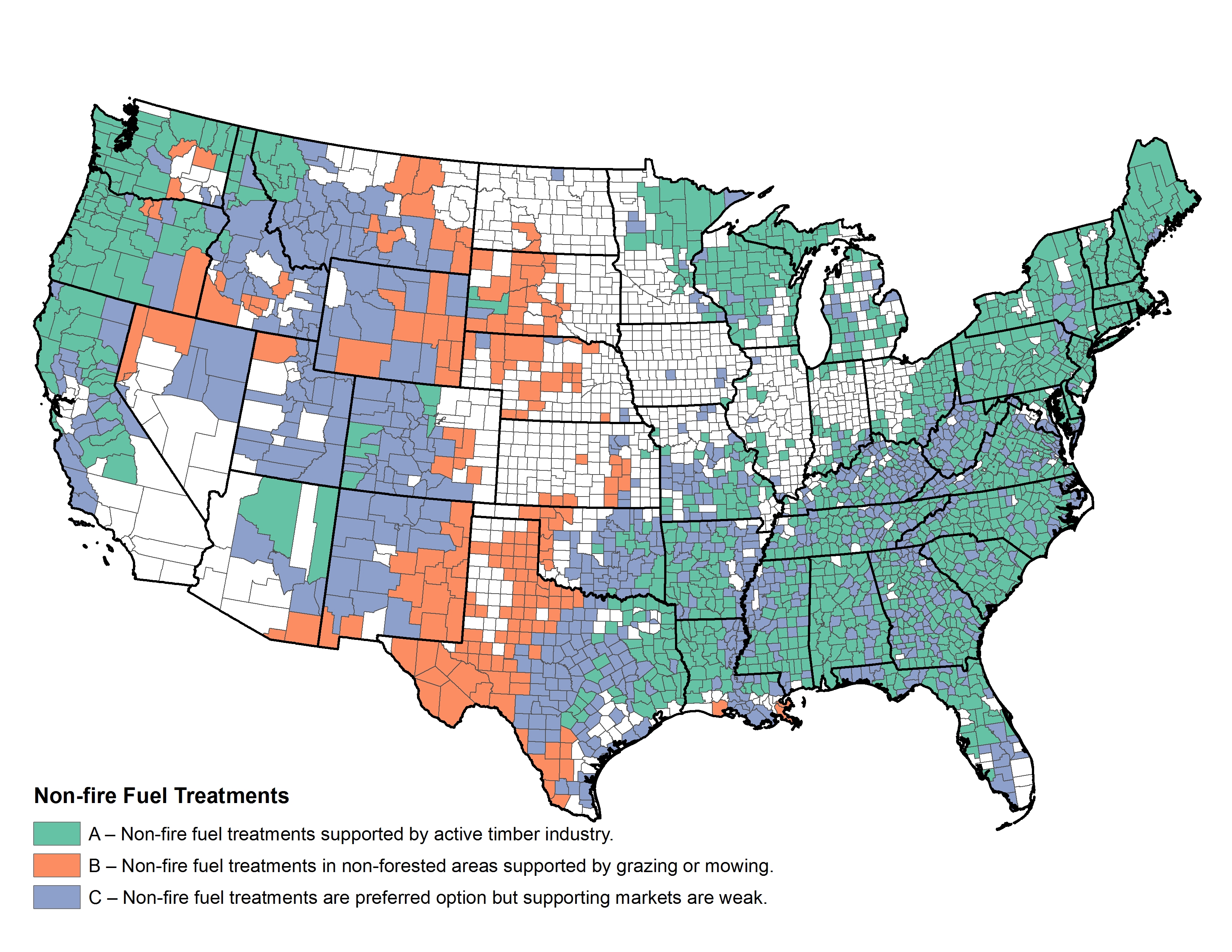 Figure 3.5. Spatial distribution of counties where mechanical, biological, or other non-fire treatments might be useful.