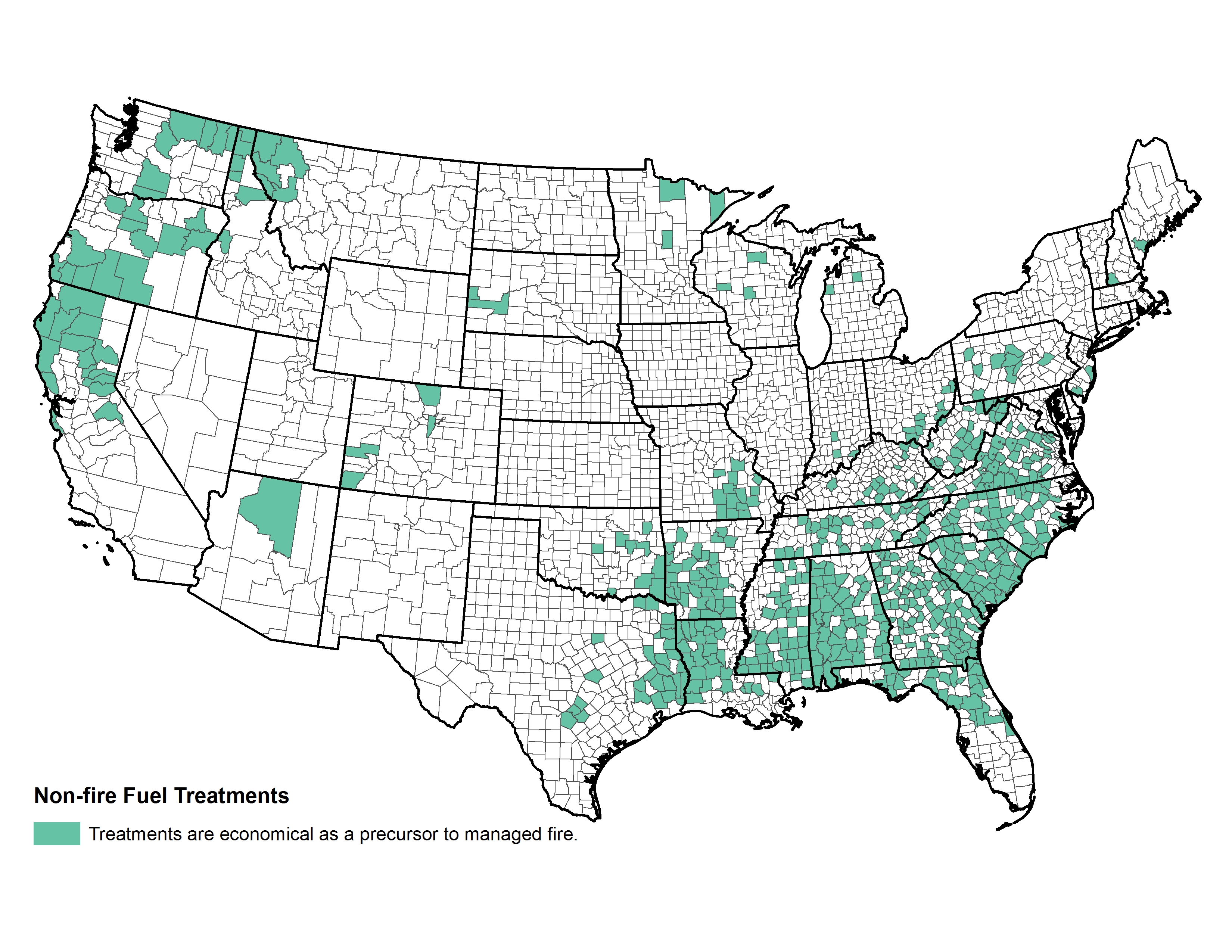 Figure 3.6. Spatial distribution of counties where mechanical treatments of forested areas might be used as a precursor to expanded wildland fire use.