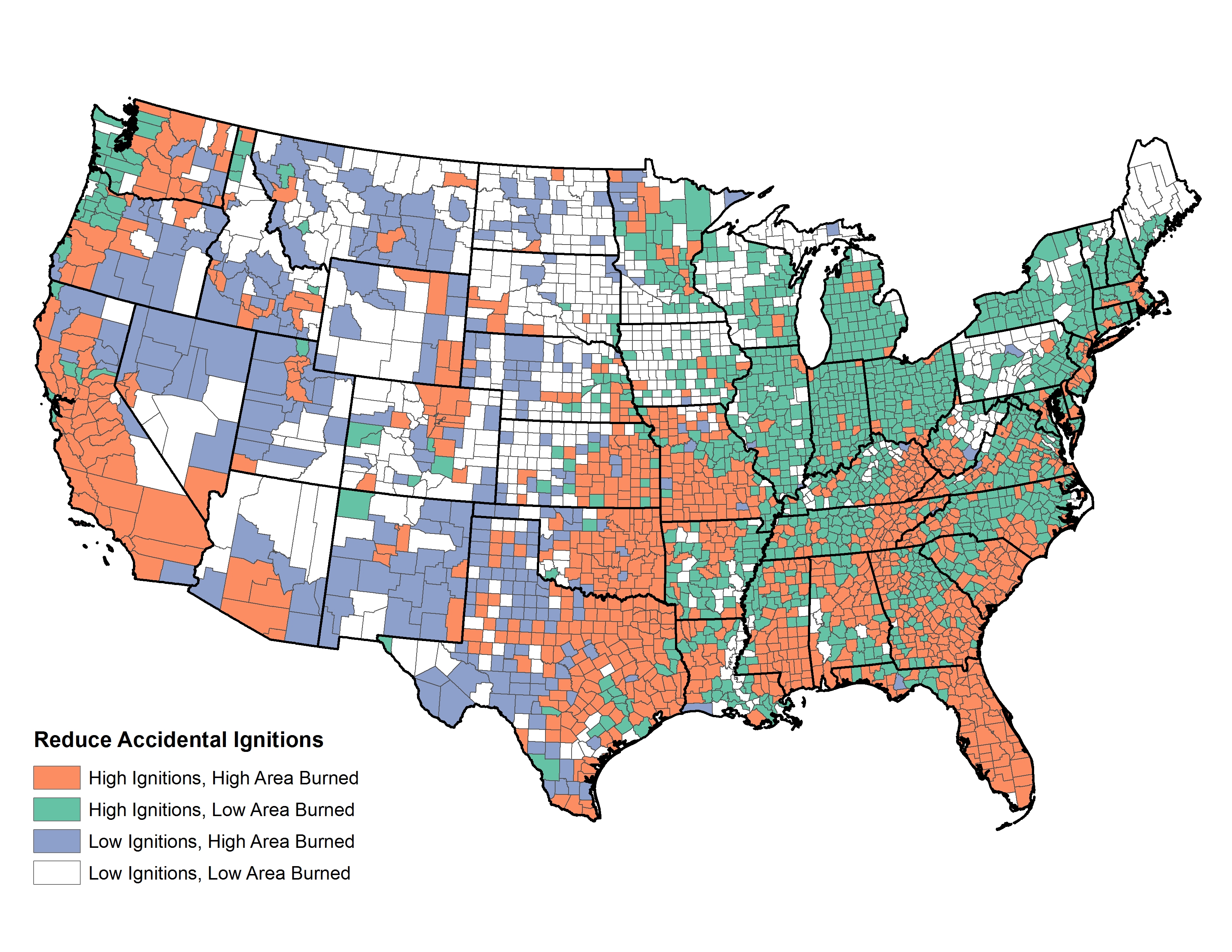 Figure 3.13. Spatial distribution of counties differentially affected by either high or low numbers of accidental ignitions and high or low area burned by accidental ignitions.