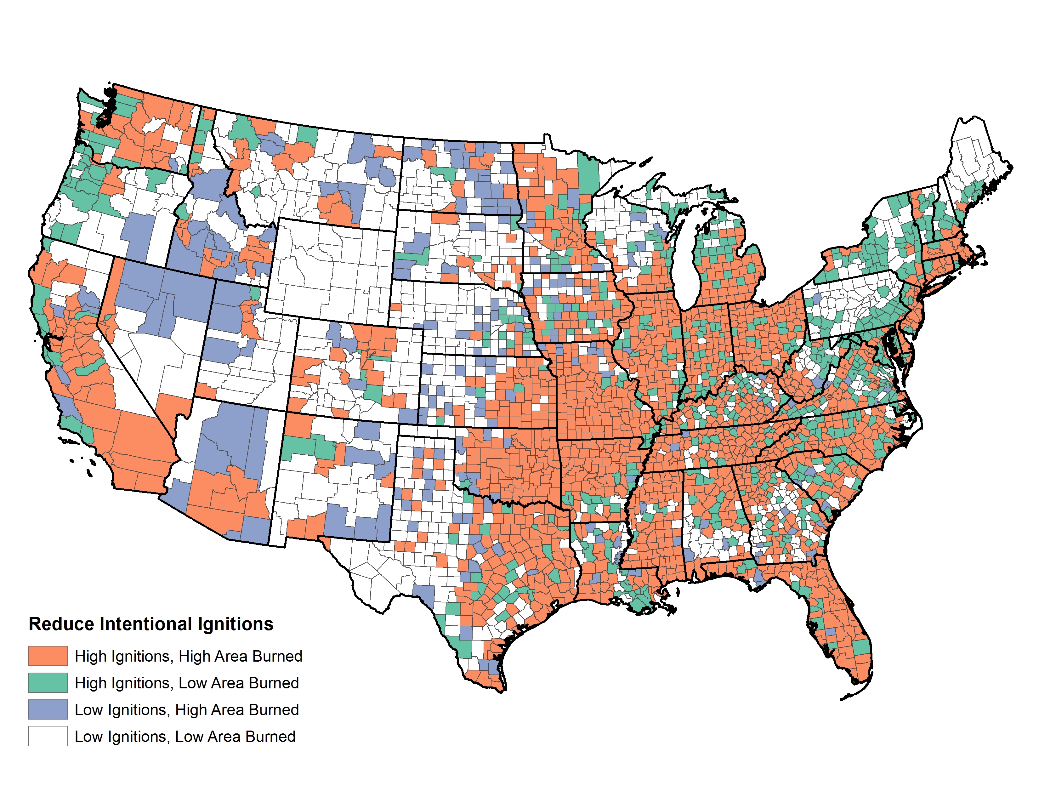 Figure 3.14. Spatial distribution of counties differentially affected by either high or low numbers of incendiary ignitions and high or low area burned by incendiary ignitions.