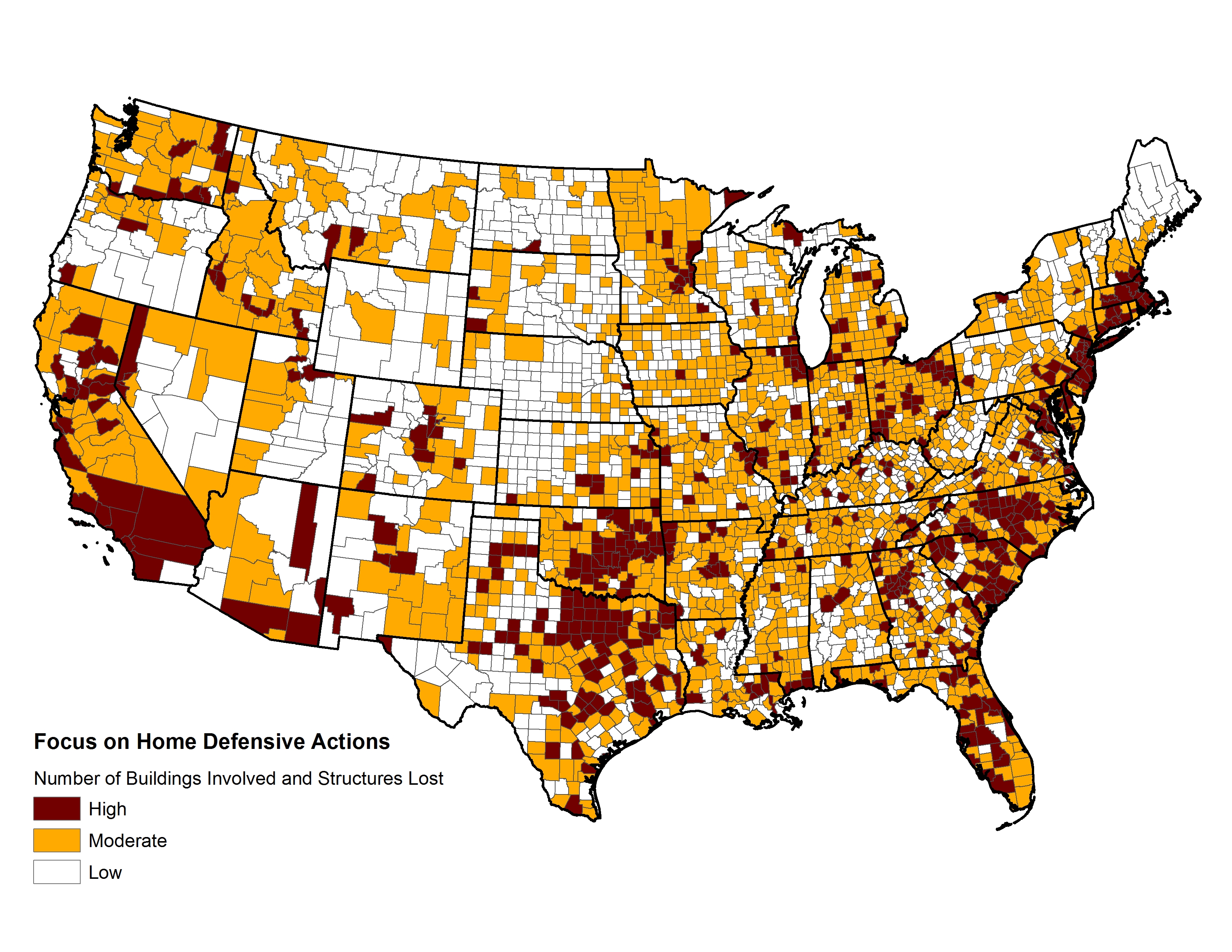 Figure 3.8. Counties across the Nation where homes and other structures have been involved in wildfires, suggesting greater emphasis on actions by individual property owners.