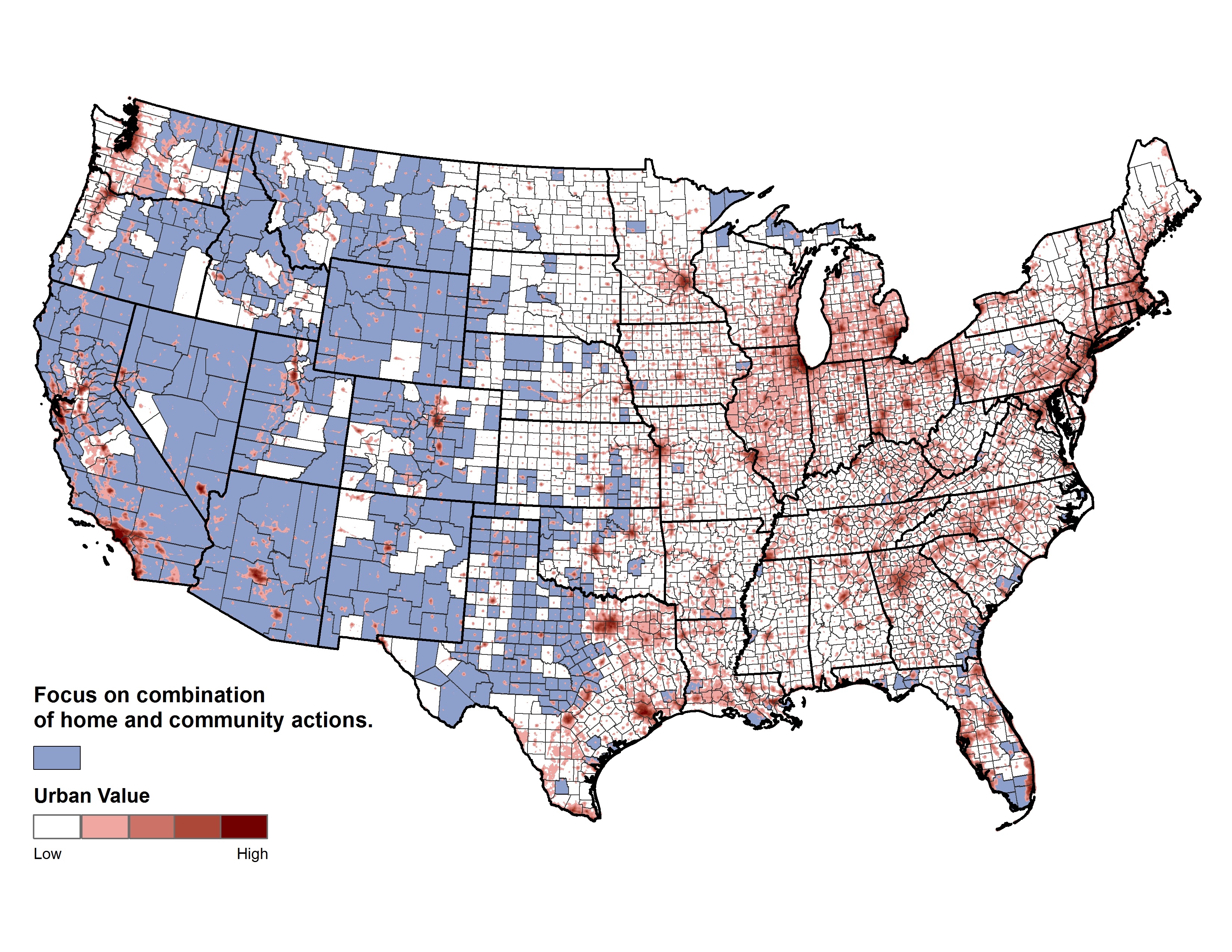 Figure 3.9. Counties where community-level planning is most essential. Note: Based on the fact that the threat from wildfires often comes from outside the boundaries of the community. Developed areas are displayed in shades of red for context.