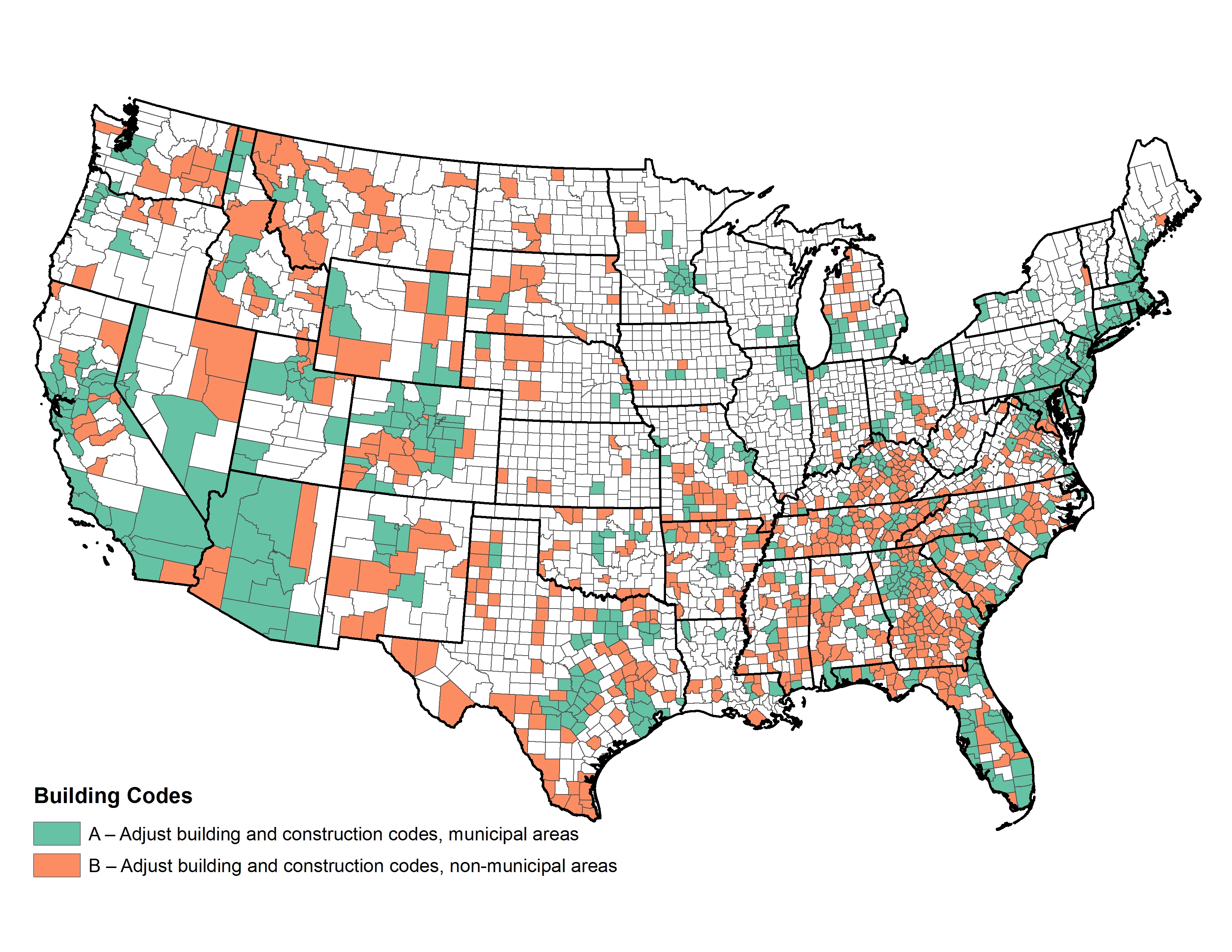 Figure 3.10. Counties with higher than average rates of home construction and WUI growth where building ordinances might have a more positive effect on reducing home losses.